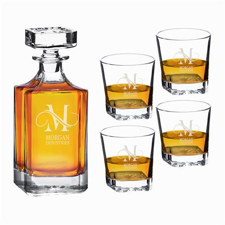 G0861 - Square-Shaped Glass 750ml Decanter Gift Set with Four 11 oz. Rocks Glasses