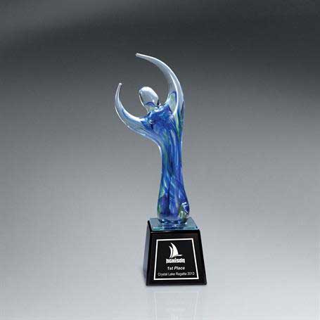 GI546B - Translucent Art Glass Figure on Black Glass Base with Black Lasered Plate, Blue