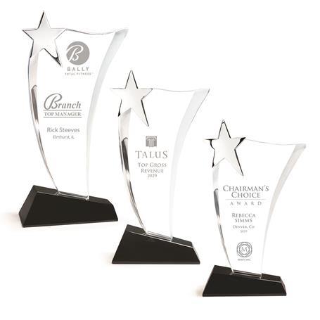 GM560 - Crystal Wave Award with Silver Star on Black Crystal Base