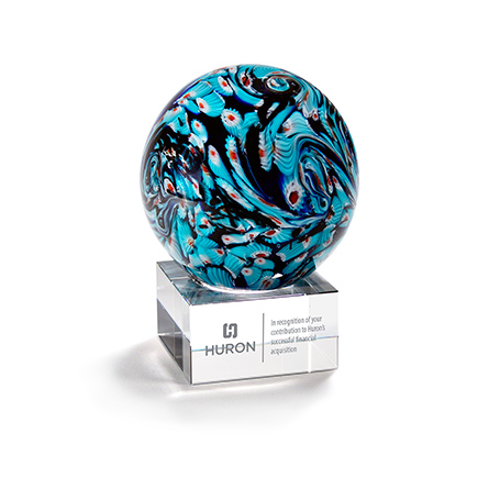 GM870 - Art Glass Award with Blue and Black Swirl Globe Accent on Clear Base Award