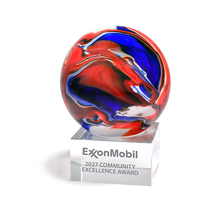 GM871 - Art Glass Award with Red and Blue Swirl Globe Accent on Clear Base Award
