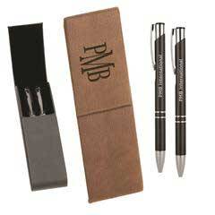 Leatherette Double Pen Case with 2 Blank Pens, Dark Brown