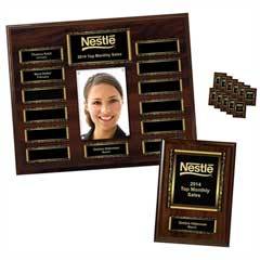 Walnut Finish 13-Plt Scroll Border Photo Plaque with Easy Perpetual Plate Release Program and 12 Individual 5" x 7" Companion Plaques