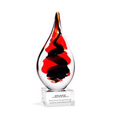 Art Glass Award with Black and Red Helix Teardrop Accent on Clear Base Award