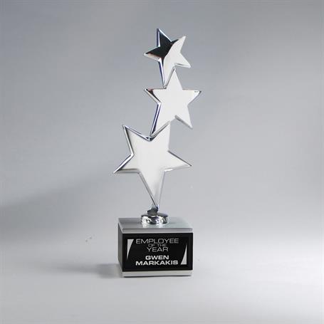 CD1062A - Cascading Polished Silver Finished Stars on a Metal and Black Wood Base