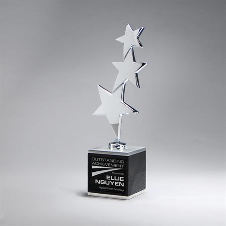 CD1062B - Cascading Polished Silver Finished Stars on a Metal and Black Wood Base