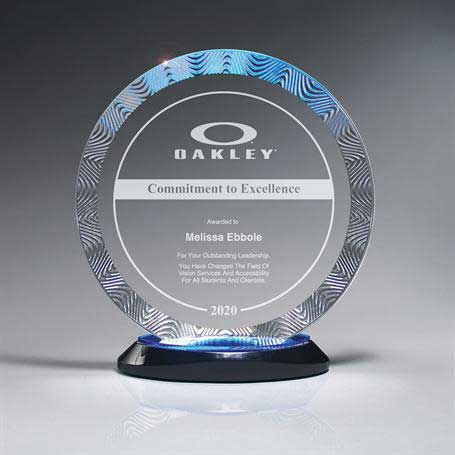 CD938A - Aqua Wave Circle Award on Ebony Lucite Oval Base, Blue