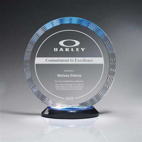 CD938B - Aqua Wave Circle Award on Ebony Lucite Oval Base, Blue