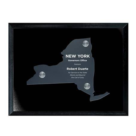 CD953NY - Frosted Acrylic State Cutout on Black Plaque