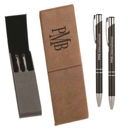 CM247DB - Leatherette Double Pen Case with 2 Blank Pens, Dark Brown