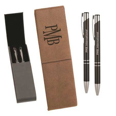 CM247LB - Leatherette Double Pen Case with 2 Blank Pens, Light Brown