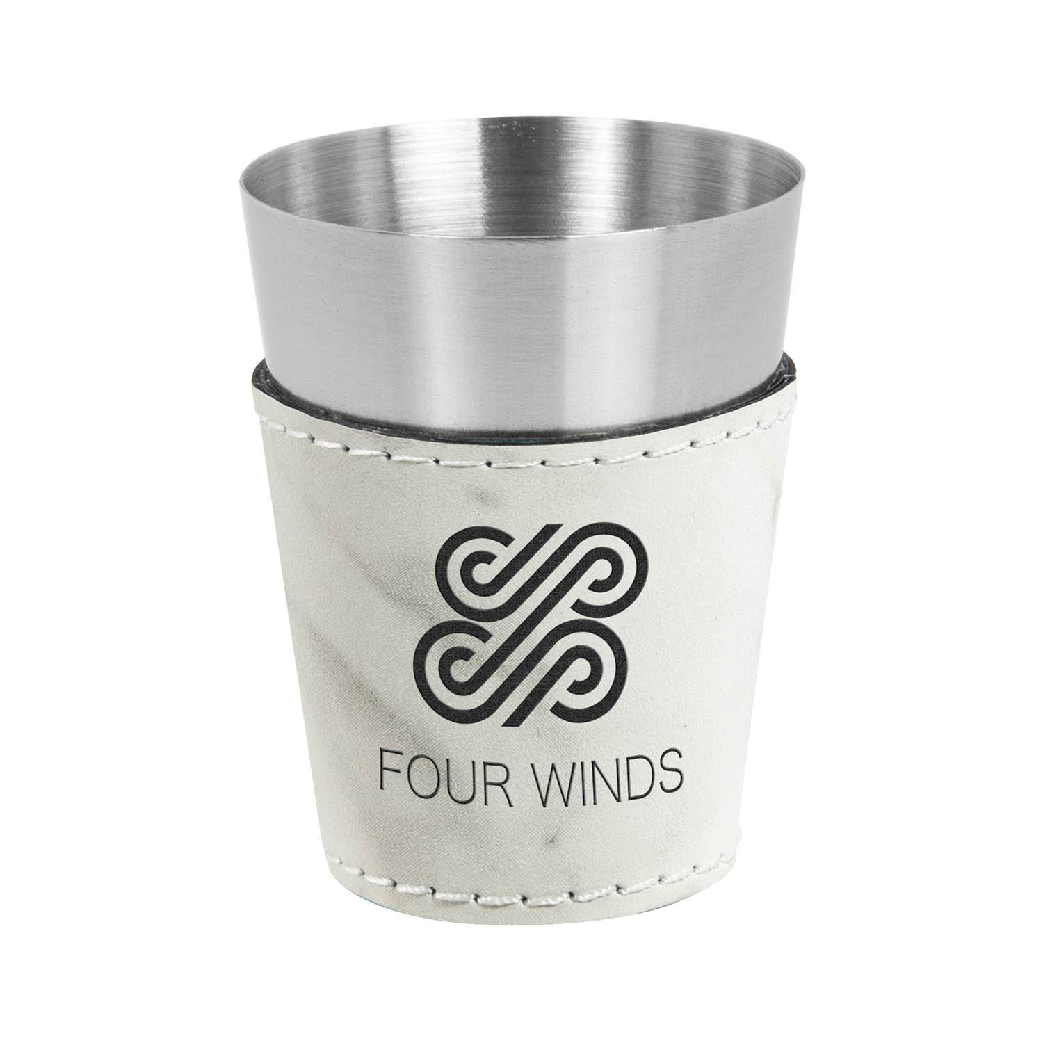 CM373WM - Leatherette Shot Glass, White Marble