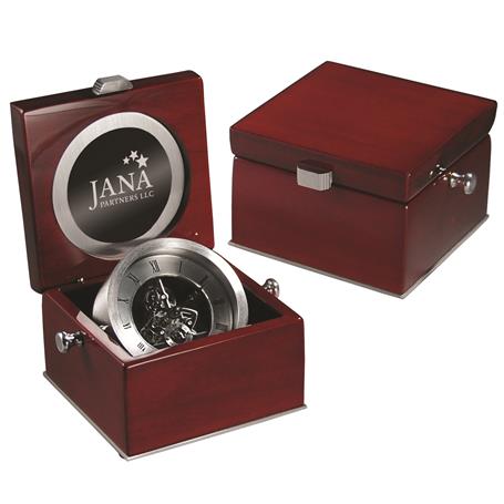 CM406 - Silver Skeleton Clock in Rosewood Piano Box