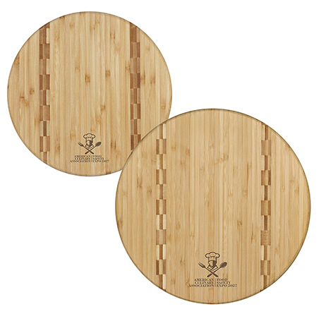 CM430,Round,Bamboo,Cutting,Board,with,Butcher,Block,InlayRound Bamboo Cutting Board with butcher block inlay. Natural variations in color and grain make each board unique. Engraved designs appear in a richer, deeper tone than the board. Available in two sizes.