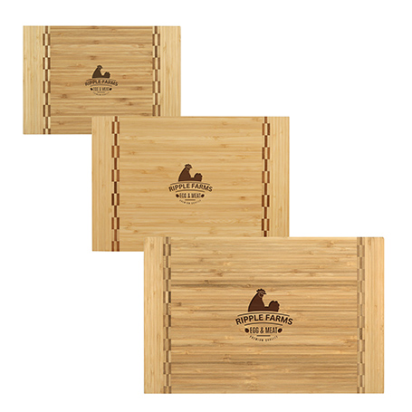 CM431,Rectangle,Bamboo,Cutting,Board,with,Butcher,Block,InlayRectangle Bamboo Cutting Board with butcher block ends. Each board is uniquely hand-crafted with natural variations in color and grain. Engraved designs appear in a richer, deeper tone than the board itself. Available in three sizes.