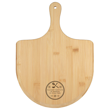 CM433,Bamboo,Pizza,&,Cutting,BoardBamboo Pizza Board with tapered edges and a long handle for easy use and a secure grip. Each board is uniquely hand-crafted. Personalize with laser engraving