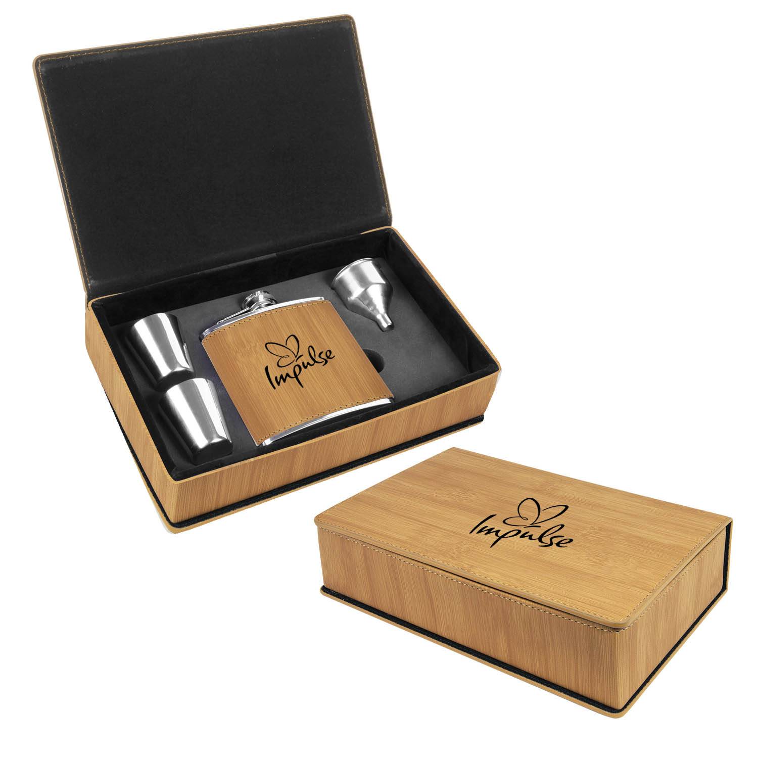 CM450BB - Leatherette Flask Gift Set, Bamboo