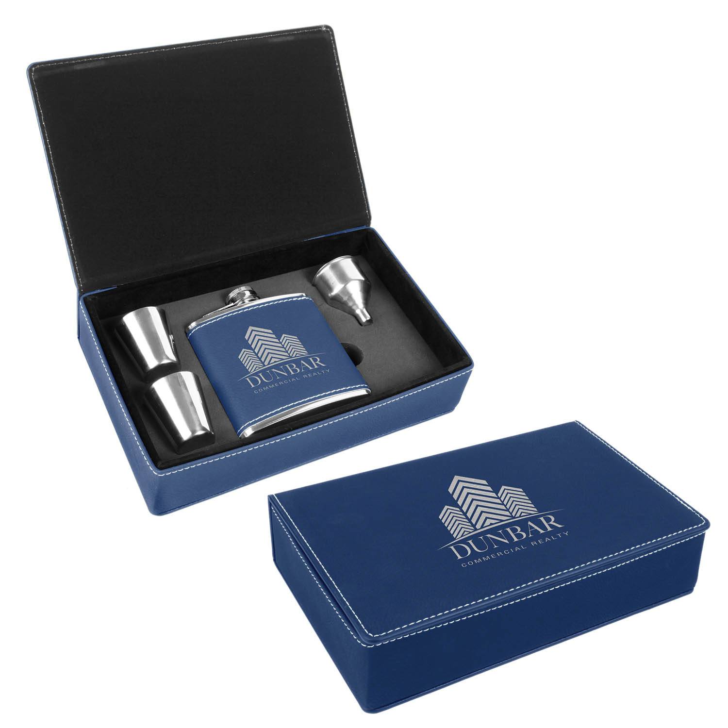CM450BV - Leatherette Flask Gift Set, Blue/Silver