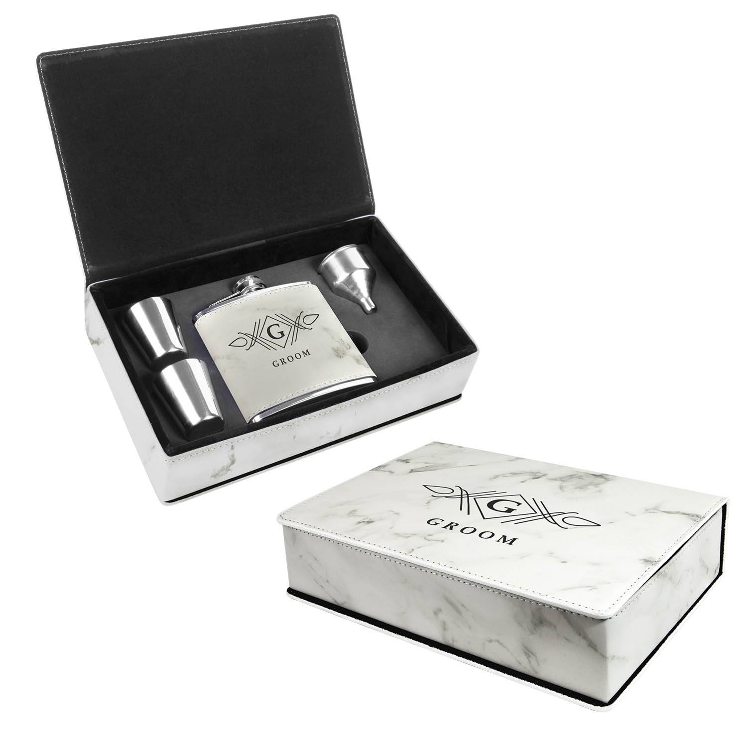 CM450WM - Leatherette Flask Gift Set, White Marble