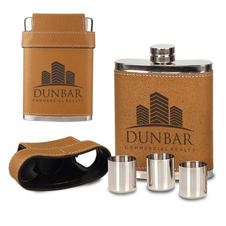 CM733 - Leatherette Flask With shot Glasses, Light Brown