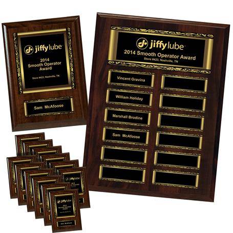 EP1PKMAG - Walnut Finish 12-Plt Magnetic Scroll Border Plaque with Easy Perpetual Plt Release Program and 12 Individual 5" x 7" Companion Plaques