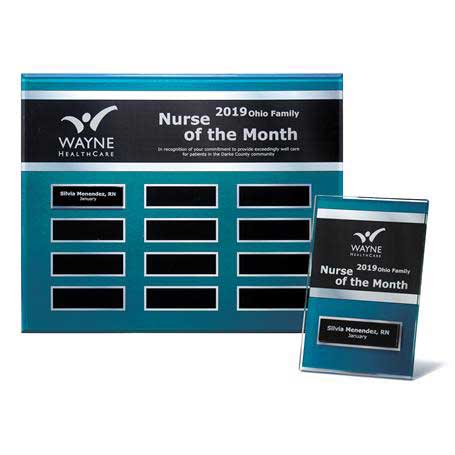 EP22PKG - Blue Steel Background Beveled Lucite 12-Plt Plaque  with Easy Perpetual Plate Release Program and 12 Individual 4" x 6" Companion Plaques
