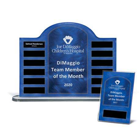 EP25PKG - Blue Steel Contoured Lucite 12-Plt Award on Base with Easy Perpetual Plate Release Program and 12 Individual 4" x 6" Companion Plaques