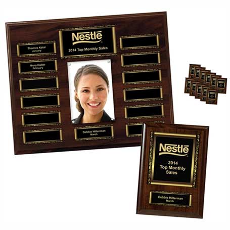 EP2PK - Walnut Finish 13-Plt Scroll Border Photo Plaque with Easy Perpetual Plate Release Program and 12 Individual 5" x 7" Companion Plaques