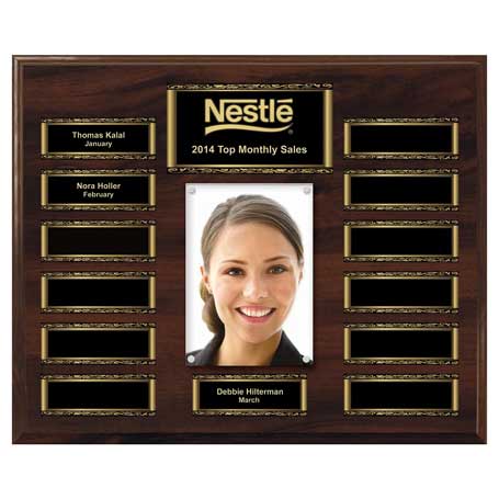 EP2 - Walnut Finish 13-Plt Scroll Border Photo Plaque with Easy Perpetual Plate Release Program