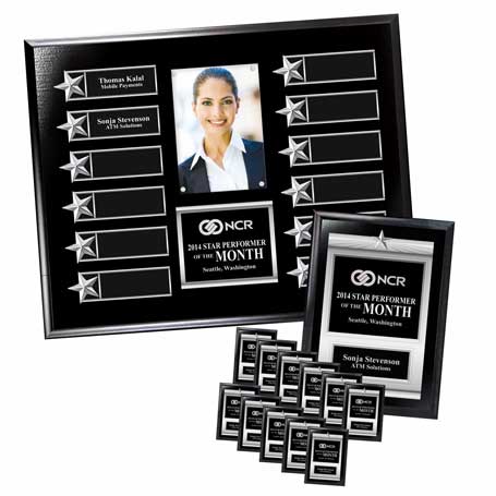 EP4PK* - Gold on Walnut Finish or Silver on Ebony Finish 
12-Plt Star Border Photo Plaque 
with Easy Perpetual Plate Release Program
and 12 Individual 5" x 7" Companion Plaques