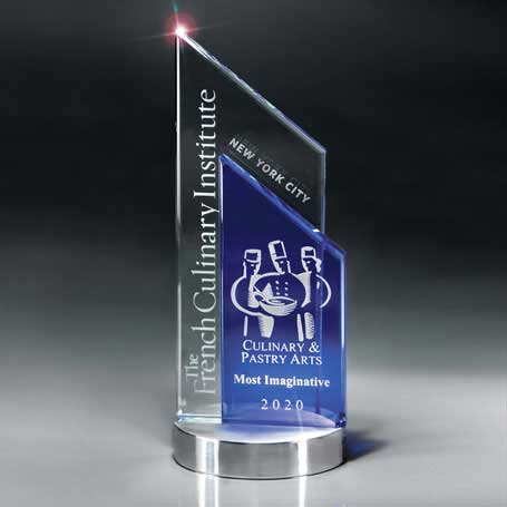 GI18 - Blue and Optic Crystal Peak on Aluminum Base  (Includes Sandblast in 2 Locations and Silver Color-Fill on Blue Glass)
