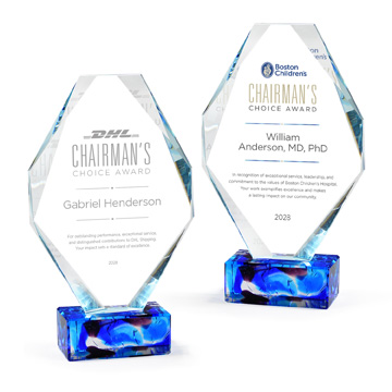 GI625 - Beveled  Glass Top on Blue Art Glass Base Award