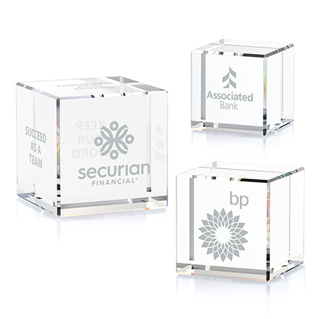 GM459,Crystal,Cube,Award,with,Flat,BasePremium Crystal Cube, handmade with beveled edges, stands alone as a sleek and elegant award. Personalize with sandblasting. Available in three sizes.
