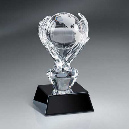 GM633 - Optic Crystal Hands Holding Globe on Black Glass Base  with Black Lasered Plate
