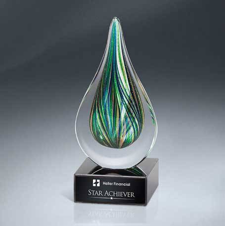 GM638 - Green and Gold Art Glass Drop on Black Glass Base (Includes Black Lasered Plate)