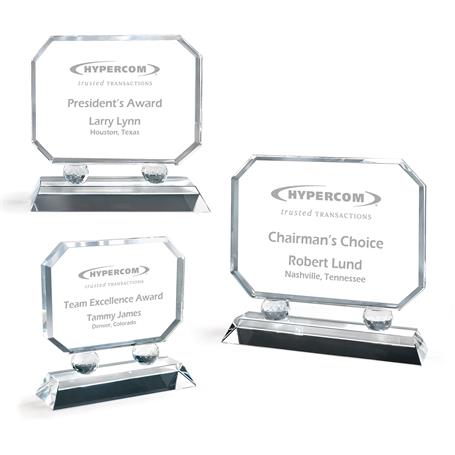 GM853 - Horizontal Octagon Shaped Crystal Award on Faceted Prism Uprights on a Clear Base