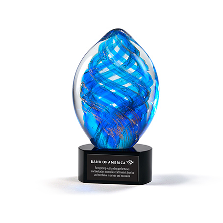 GM860 - Art Glass with Blue Oval Swirl Accent on Black Base Award