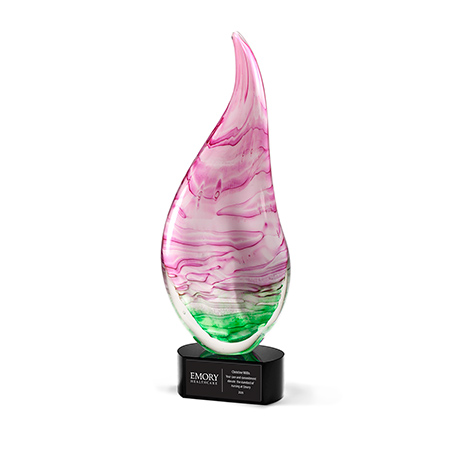 GM861,Premium,Glass,Award,with,Pink,and,Green,Sweeping,Teardrop,Art,Glass,Accent,on,Black,Base,AwardPremium Art Glass Award featuring a pink and green sweeping teardrop art glass accent mounted on a black base. Each piece is uniquely hand-made; size, color, and air bubbles may vary. Personalize on the base with laser engraving.