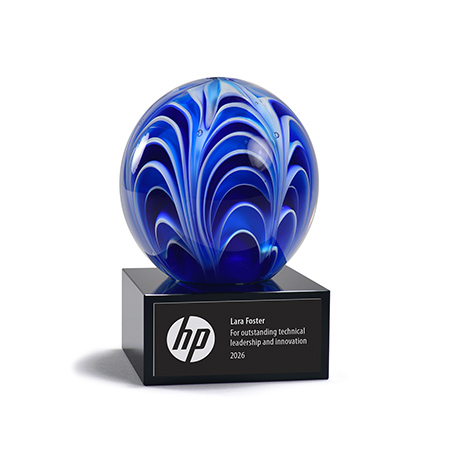 GM862,Premium,Glass,Award,with,Two-Tone,Blue,and,White,Sphere,Accent,on,Black,Base,AwardPremium Art Glass Award featuring a two-tone blue and white sphere accent mounted on a black base.Each piece is uniquely hand-made; size, color, and air bubbles may vary. Personalize on the base with laser engraving.