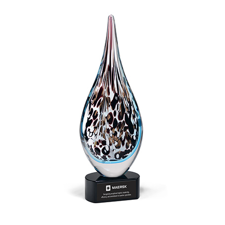 GM863,Premium,Glass,Award,with,Multi-Color,Hollow,Raindrop,Art,Glass,Accent,on,Black,Base,AwardPremium Art Glass Award featuring a multi-color hollow raindrop art glass accent mounted on a black base. Each piece is uniquely hand-made; size, color, and air bubbles may vary.  Personalize on the base with laser engraving.