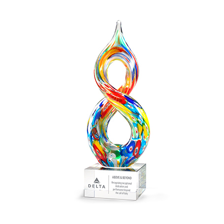 GM865,Premium,Glass,Award,with,Helix,Multi-Color,Art,Glass,Accent,on,Clear,Base,AwardPremium Art Glass Award featuring a helix multi-color accent mounted on a clear base. Each piece is uniquely hand-made; size, color, and air bubbles may var Personalize on the base with sandblasting.