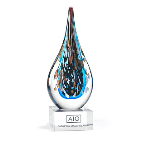GM869,Premium,Glass,Award,with,Blended,Green,and,Teal,Swirled,Teardrop,on,Clear,Base,AwardPremium Art Glass Droplet featuring multi-colored accents mounted on a clear base. Each piece is uniquely hand-crafted; color, size, and air bubbles may vary. Personalize on the base with sandblasting.