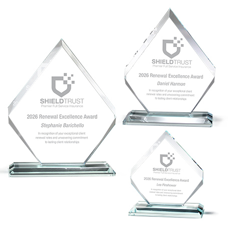 GM915,Premium,Glass,Arrow,Award,on,Clear,Base,This glass award features a faceted, arrow-shaped top on a glass base, offering a sophisticated design. Personalize with sandblasting. Available in three sizes.