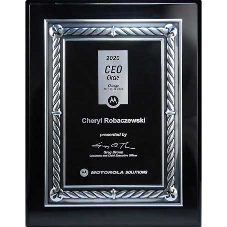 CD894A - Ebony Piano Finish Silver Embossed Rope Border Plaque  with Black Lasered Plate - Medium