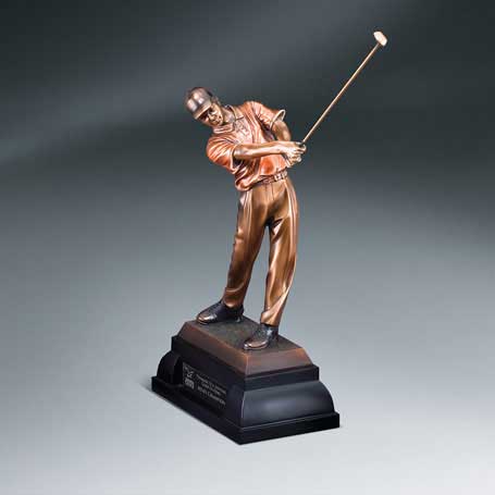 CM263B - Antique Bronze Finish Swinging Male Golfer - Medium  with Black Lasered Plate