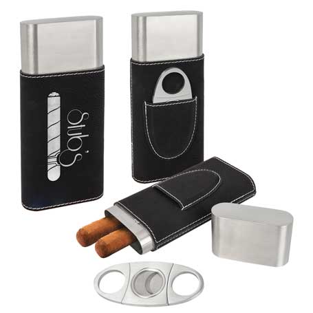 CM372BS - Leatherette Cigar Case with Cutter, Black