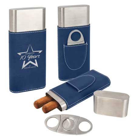 CM372BV - Leatherette Cigar Case with Cutter, Blue
