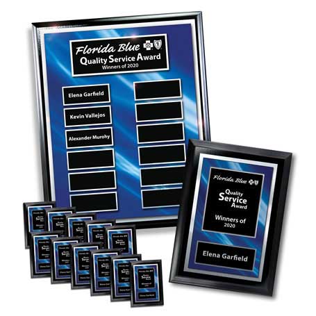 EP9PK - Ebony Finish 12-Plt Layered Blue and Silver Border Plaque  with Easy Perpetual Plate Release Program  and 12 Individual 5" x 7" Companion Plaques