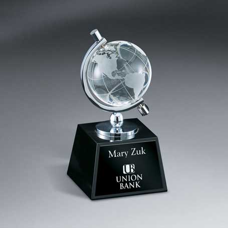 GM461 - Optic Crystal Globe in Semi-Meridian Holder on Black Glass Base with Lasered Plate