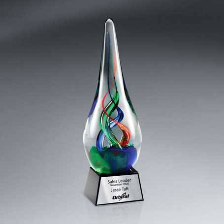 GM577 - Colorful Art Glass Award on Black Glass Base  with Silver Lasered Plate
